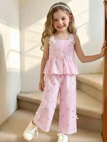 2pcs/Set Young Girls Summer Casual Patchwork Ruffle Hem Sleeveless Camisole And Long Pants Set, Suitable For Outing, Party And Daily Wear - Multicolor - View 1