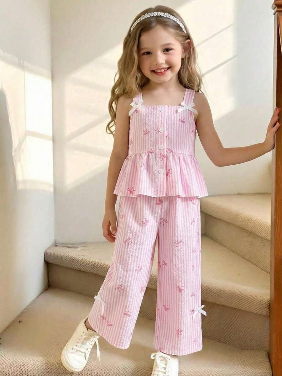 2pcs/Set Young Girls Summer Casual Patchwork Ruffle Hem Sleeveless Camisole And Long Pants Set, Suitable For Outing, Party And Daily Wear - Multicolor - View 1