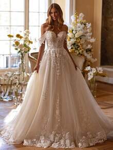 Elegant Sexy Off Shoulder Lace Appliqué A Line Tulle Formal Wedding Dress,Registry Office Dresses Bridal Gown,Evening Party Dress Birthday Party Dress Country Wedding,Romantic Church Ceremony Wedding Dress,Suitable For Wedding,Dating,Party,Singles' Party,Vacation,Formal Occasions,Dinner Dress,Prom Dress,Homecoming Dess,Cocktail Party,Wedding Guest Dress,Graduation - 白色 - 查看 6