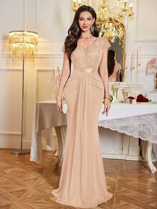 MIUSOL Sequin Floral Lace Sweetheart Neck Cap Sleeve Draped Mermaid Hem Formal Party Maxi Dress - 香檳色 - 查看 3