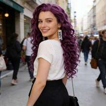 长卷曲灰金色渐变铂金色、蜂蜜金色渐变紫色耐热合成蕾丝前假发，蓬松波浪，无胶自然发际线，适合女性日常、派对、角色扮演，柔软蓬松，逼真长卷发，13*1.5自由分缝高清蕾丝假发，高密度 - 彩色 - 查看 4