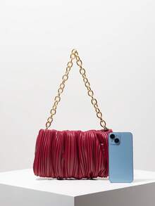 Ruched Pleated Metal Chain Shoulder Bag, Elegant Women's Wallet, Suitable For Commuting, Work, Party, Date (Random Pattern) - Burgundy - View 3