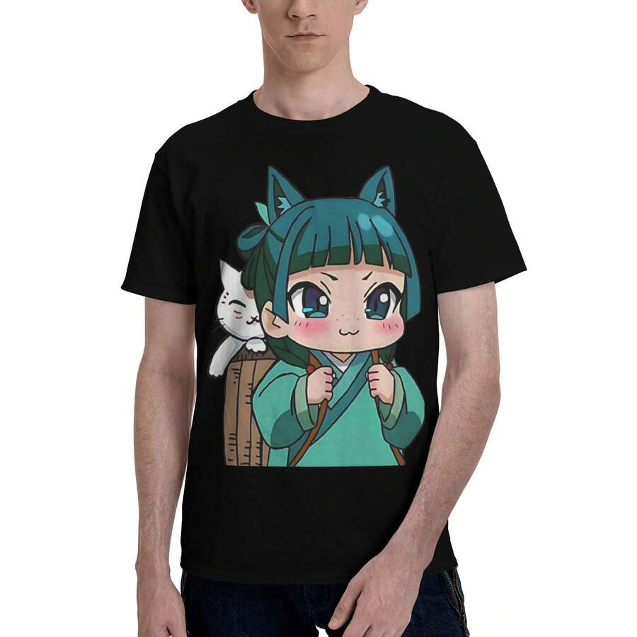 Anime Character Cat Print Men's T-Shirt, Unisex T-Shirt, 100% Cotton, Regular Fit Casual Shirt For Casual Wear, Machine Washable, Urban Streetwear - 黑色 - 查看 1