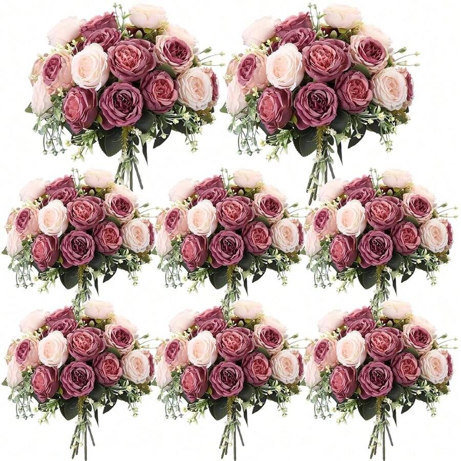 8 Bundles Artificial Peonies Flowers Fake Silk Peony Bouquet Faux Peonies Flowers Bulk For Decoration Vase Floral Arrangements Wedding Party Table (Dusty Pink,Dusty Rose) - 粉紅 - 查看 1