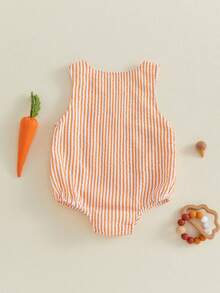 Mono de Pascua para bebé con cuello redondo, sin mangas, con estampado de zanahoria y conejo bordado a rayas - Naranja - Ver 7