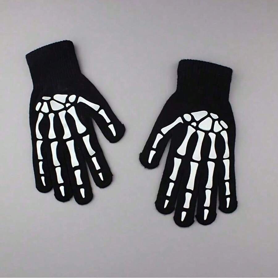 A Pair Of Glow In The Dark Skeleton Design Gloves, Fashionable Couple Gloves, Suitable For Halloween Costume, Party And Special Activities.(Needs UV Light Exposure)Fluorescent Party, Novelty Toys, Holiday Party - 黑色 - 查看 1