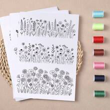 4 piezas Juego de patrones de bordado floral, papel estabilizador autoadhesivo y soluble en agua con hilo de bordado y aguja, adecuado para manualidades DIY - A - Ver 4