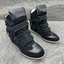 2026 New Women's High-Top Sneakers Made Of Genuine Leather With Invisible Height Reinforcement, Fashionable Casual Shoes Suitable For Outdoor Activities, Work, City Strolls, Meetings And Sports. - 黑色 - 查看 3