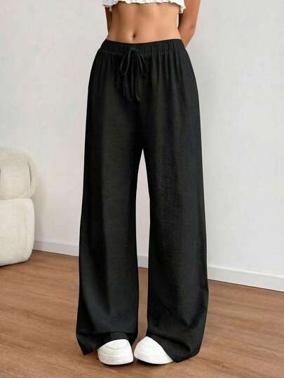 女士夏季极简波西米亚风度假休闲基础款日常穿搭亚麻舒适低腰宽松长裤，优雅夏季度假阳光休闲波西米亚风白色机场秋季穿搭，适合所有季节派对，也适合情人节穿搭