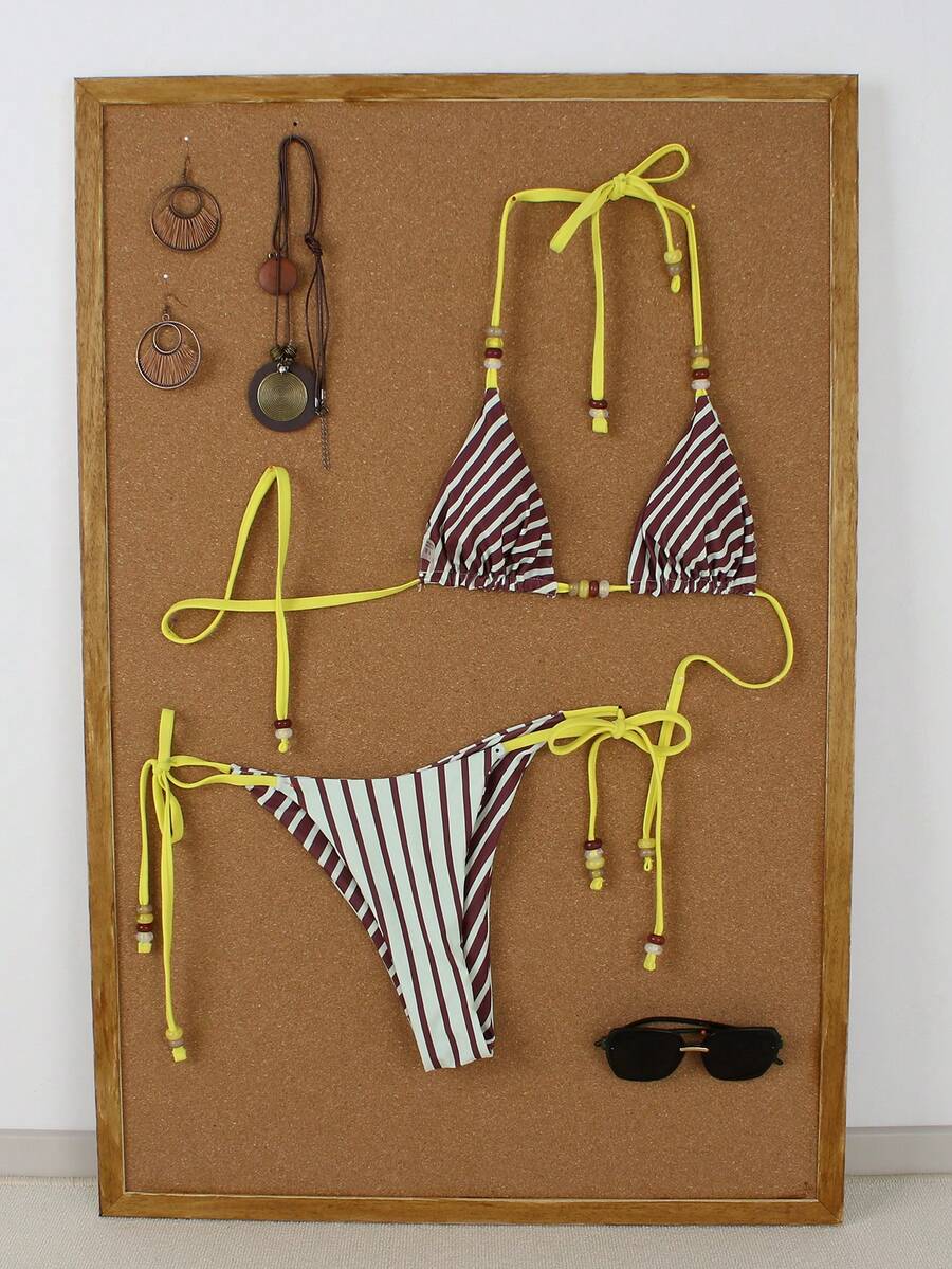 女士黄色条纹比基尼度假风挂脖系带性感两件式泳衣套装，沙滩夏春套装（2026），女士生日装，女士健身服，女士优雅连衣裙，女士度假装，外出上衣 - 彩色 - 查看 1