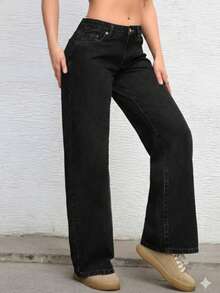 Women's Black Wide Leg Jeans, Loose Fit, Casual Chic Style - Black - View 3