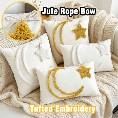 1pc Chenille Fabric Plush Embroidered Star & Moon Decorative Pillow Cover, Paired With Handmade Burlap Bow, Suitable For Ramadan Decor, Living Room Sofa Cushion, Dining Chair Lumbar Pillow, Bed Throw Pillow, Inserts Not Included