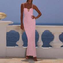 一件波点印花夏季无袖连衣裙，适合女性在情人节海滩度假穿着，优雅的派对婚礼粉色春季装扮。 - 粉色 - 查看 4