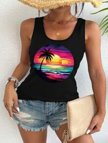 Women'S Tropical Beach Print Tank Top - Vibrant Sunset & Palm Tree Design, Casual Sleeveless Tank For Spring & Summer, Lightweight Polyester Fabric, Perfect For Casual Attire - White - View 1