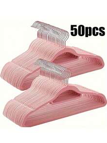 50pcs Flocked, Non-Slip, Traceless 3-In-1 Clothes Hanger, High-End Wardrobe Organizer Flocked Clothes Hanger, Special Non-Slip Hanger For Lightweight Fabrics, High-End Clothing Store Flocked Display Hanger, Wardrobe Organizer Hanger, High-End Wardrobe-Specific Hanger, Solves The Problem Of Clothes Bunching Up On The Shoulders Wardrobe Organizer Set - 50pcs粉紅色衣架 - 查看 1