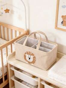 1个卡通狮子长颈鹿图案大号婴儿尿布收纳篮，纸绳收纳箱，带可拆卸隔板，便携式车载收纳袋，适用于存放尿布，是新生儿礼物和新生儿必需品的理想之选。 - 彩色 - 查看 2
