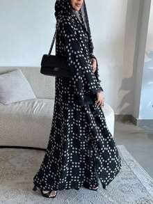 Khăn trùm đầu Hijab/áo choàng dài tay có túi/áo khoác ngoài dài tay/Abaya dành cho nữ, phối ren hoa chấm bi đen tương phản, kiểu dáng thanh lịch Châu Âu, Mỹ, Thổ Nhĩ Kỳ, Trung Đông. - màu đen - Xem 2