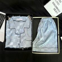 Ice Silk Short-Sleeved Pajamas Loungewear Summer Thin Plaid Pajamas Women's Sweet And Cute Silk Two-Piece Suit Summer LoungewearLeisure, Anti-Static, Breathable, For Sleeping, For Bathing, Elastic, Antibacterial, For Home Use, Warm, Comfortable, Moisture-Wicking And Breathable, Can Be Worn Outdoors - 藍色格子雙短 - 查看 7