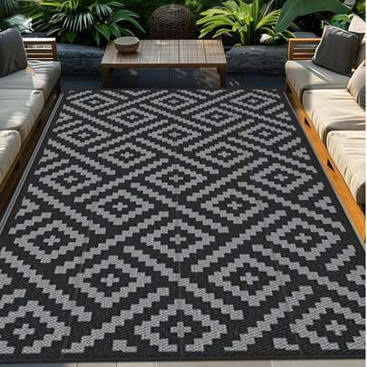 1 件 5'x8' 户外地毯，适用于露台、防水垫、双面塑料露营地毯、房车、门廊、甲板、露营车、阳台、后院，黑灰色