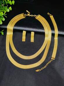 3pcs Fashionable Women Gold-Plated Floral Jewelry Set: Necklace, Earrings, Finger Rings, Suitable African, Middle Eastern, Dubai Bride, Party, Anniversary, Valentine's Day, Mother's Day, Teacher's Day Gift - Yellow Gold - View 2