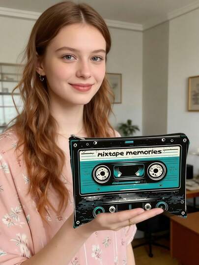 2D平面印花复古“她如此不寻常”80年代磁带图案化妆包，趣味流行文化礼物，音乐爱好者的完美之选，拉链设计，复古风格，可手洗，混色，返校必备，应急包，圣诞礼物