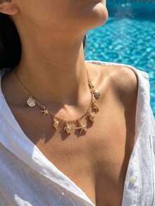 1pc Bohemian Style Fashion Textured Golden Sea Creature Pendant Necklace - Seashell, Starfish, Turtle, Versatile Beach Holiday Essential Accessory, Great Gift - Gold - View 5