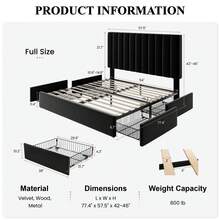 SHA CERLIN Full/Queen/King Size Platform Bed Frame With 4 Storage Drawers, Vertical Channel Tufted Adjustable Headboard, Velvet Upholstered, Wooden Slats Support, No Box Spring Needed, Easy Assembly, Black - Black - View 9