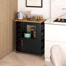 COSTWAY Kitchen Island With Storage, Rolling Kitchen Cart With Towel Rack, Storage Cart On Wheels W/Bamboo Top, 6-Bottle Wine Rack, Spice Rack For Dining Room, Black - Black - View 3