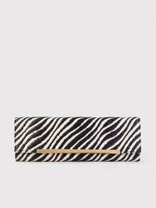 Zebra Print Straw Clutch, Striped Woven Long Wallet, Elegant Party & Daily Clutch - Black and White - View 8