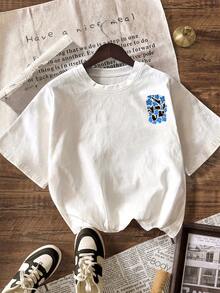 蓝色花卉和俏皮猫咪印花女士休闲圆领短袖T恤，夏季 - 彩色 - 查看 3