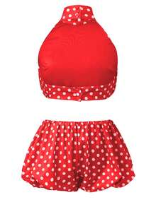 Juego de 2 piezas de punto Y2K para mujeres, minifalda de ombligo + burbuja, falda de fiesta de verano de cuello alto sin mangas - Burdeos - Ver 6
