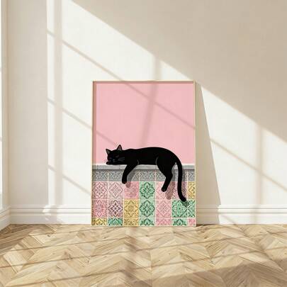 1pc Cute Lazy Black Cat Nap Art Wall Art Picture Pastel Pink Whimsical Cat Canvas Print Paintings|Minimalist Cute Kitten Animal Decorations For Bedroom,Living Room Or Office Home Decor,Black Cat Sleeping On Colorful Mediterranean Tiles Poster,Cat Lover Gift For Her,Unframed Or Framed