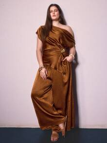 Sollinarry 女士大码优雅时尚裤装套装，不对称垂肩上衣搭配同色系阔腿裤，腰部褶皱设计，宽松裤型，显瘦效果极佳。易打理面料，适合外出、下午茶、度假、音乐节、夏季派对等场合。 - 鏽棕色 - 查看 4