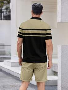 Conjunto de camisa polo de manga corta y pantalones cortos con estampado de patchwork para hombre - Multicolor - Ver 2