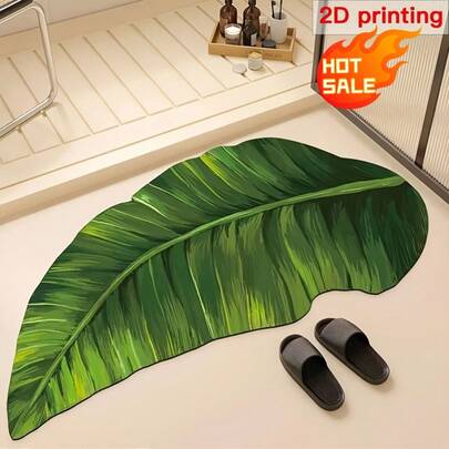 1 Green Leaf Shaped Bathroom Mat, Diatom Mud Material Absorbs Water And Dries Quickly, And The Feet Feel Comfortable. Suitable For Bathroom, Kitchen, Living Room, Bedroom, Doorway And Home Decoration.