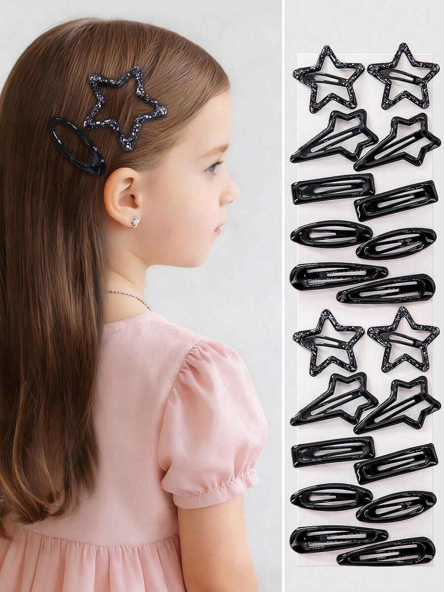 15个/套 女孩/青少年黑色星星、爱心、水滴可爱闪亮按扣发夹，刘海/侧发夹，日常使用 - 彩色 - 查看 1
