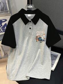 Boys' Summer New Funny Car & Letter Print Short Sleeve Polo T-Shirt, Children Summer Outfit - Grey - View 4