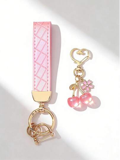 1 طقم سلسلة مفاتيح السيارة بلون أومبري وردي + تميمة كرز وردي شفاف لامع، إكسسوار عصري، ضروري للفتيات الأنيقات