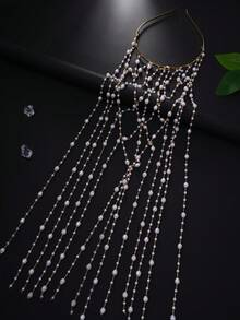 1pc New Stylish Rhinestone Decorated Grid Tassel Headband, Elegant Hairband Accessory For Women, Headpiece, Head Jewelry - Gold - View 5