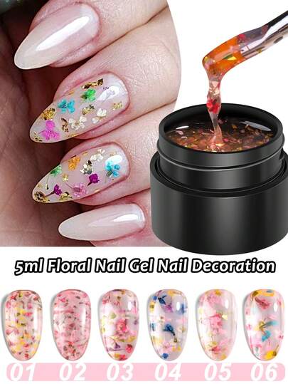 5ml Gel de uñas con flores - Pétalos naturales mixtos y brillo de lámina de oro, diseño de uñas lindo - Requiere base UV/LED, accesorios de salón de uñas para mujeres, individual o set
