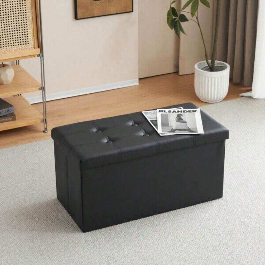 Storage Box Foldable Ottoman Seat Toy Storage Box Foot Stool Bench Home Stool - Black - View 1