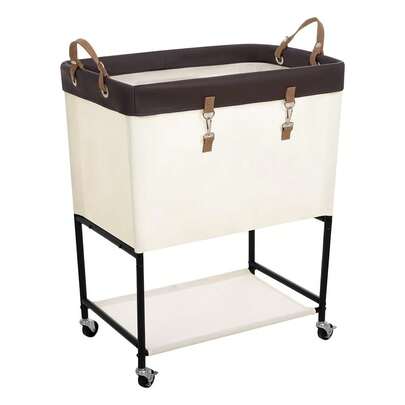 Laundry Cart, 2 Tier Rolling Laundry Basket, Heavy Duty Laundry Basket With Lockable Wheels, Laundry Room Organization And Storage, Clothes Hamper For Bedroom, Dorm, Closet, 29Gal, Beige