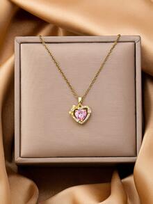 1 Pc 18K Gold Stainless Steel Cherry Butterfly Moon & Star Heart Pendant, Crystal Bow Charm Necklace, Spring Summer Jewelry For Women Daily Wear - Multicolor - View 9