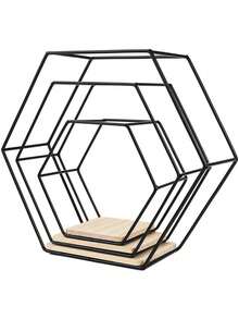 3pcs/1pc Gold Hexagon Wall Shelf, Home Decor Wall Mounted Storage Rack, Book Display Stand, Iron Art Wall Shelf - Black - View 5