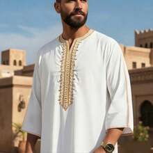 Men's Solid Color Robe With Pockets, Retro Embroidered Casual Robe, Men's White Loungewear Robe - White - View 5