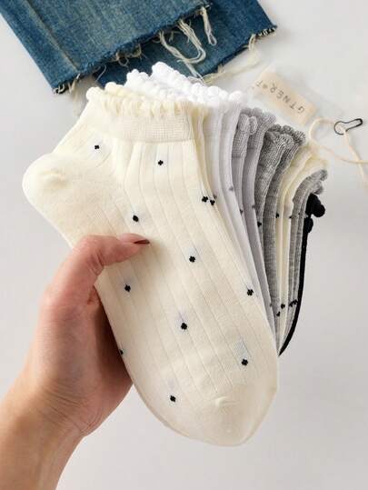 5 Pairs Women's Lace Polka Dot Boat Socks, Suitable For All Seasons, Random Colors