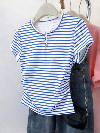 1pc Girls' Elastic Ribbed Fabric Casual Minimalist Classic Retro Ribbed Design Button Short Sleeve T-Shirt, Spring/Summer