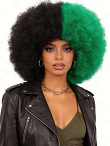 Afro Wig 14Inch Afro Wigs For Women 70s Mixed Brown Afro Kinky Curly Wig Bouncy Huge Fluffy Puff Wigs Synthetic Hair For Cosplay Daily And Party - 黑和綠 - 查看 2