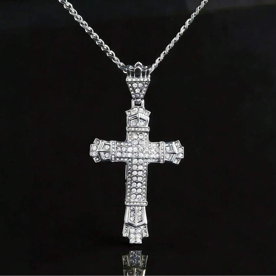 Iced Out Crown Cross Pendant Necklace, Stainless Steel Material, Unisex - Silver - View 1