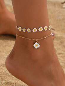 Set de 2 tobilleras con colgante de margarita esmaltada, joyería para el pie con cadena de margaritas hecha a mano, versátil para usar diariamente, en la playa, en citas, o en fiestas. La cadena de margaritas hecha a mano se puede cortar a la longitud deseada, y el número de margaritas es aleatorio. - Multicolor - Ver 1